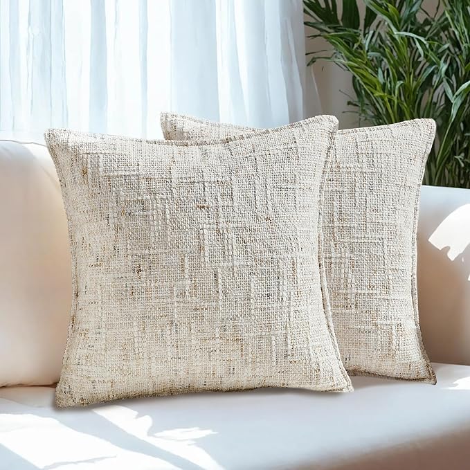 HAUSSY Pack of 2 Chenille Tweed Throw Pillow Covers 22x22 Inch, Cream