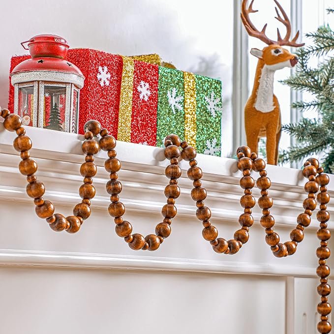 Yinder 2 Pcs/ 14.4 Feet Christmas Wooden Beads Garland, Coffee