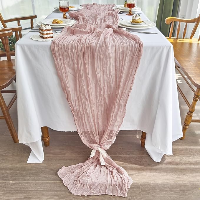 IVAPUPU Dusty Pink Table Runner 120 Inches for Birthday Party Home Decor | 4 Pcs Boho Gauze 10FT Cheesecloth Table Runners for Wedding Baby Shower Decorations Summer Garden Farmhouse