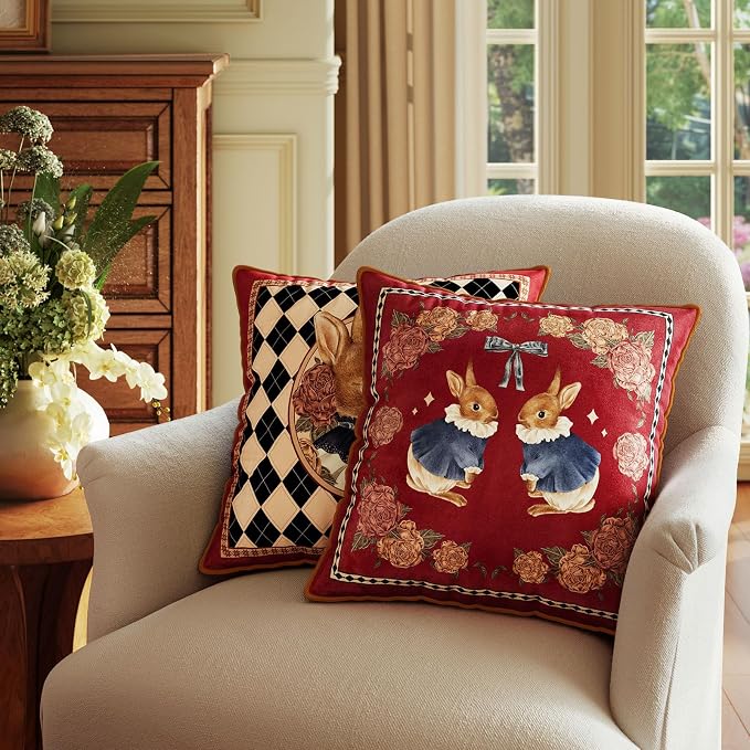 Vintage Christmas Pillow Cover 18x18, Floral Bunny | Designer High End Rabbit Pillow Cover, Red Velvet Throw Pillow Decorative for Couch Sofa Bedroom Home Holiday