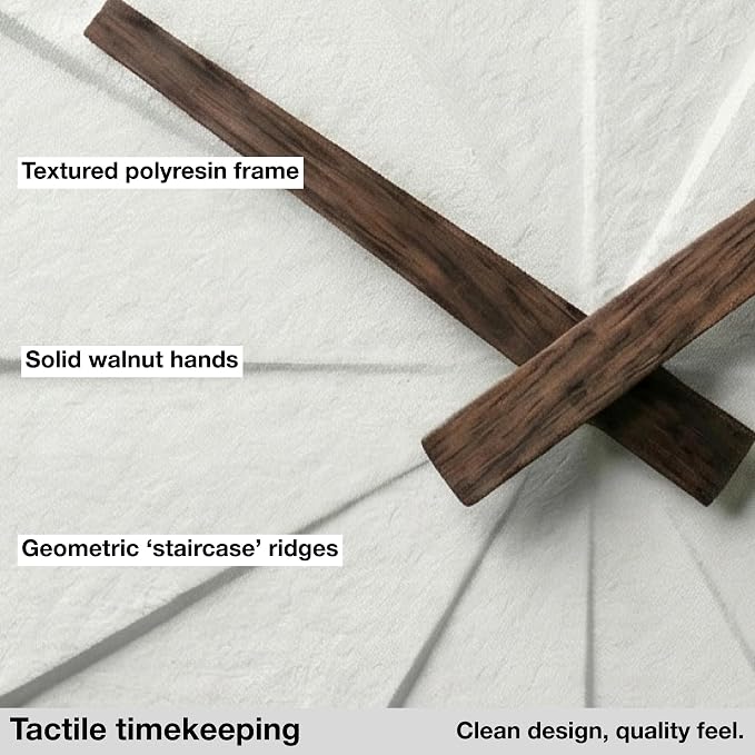 Driini Modern Wall Clock with No Numbers and Wooden Hands. White, 10.5 Inch | Silent battery operated quartz; frameless stepped polyresin face; decorative minimalist style for a living room or office.