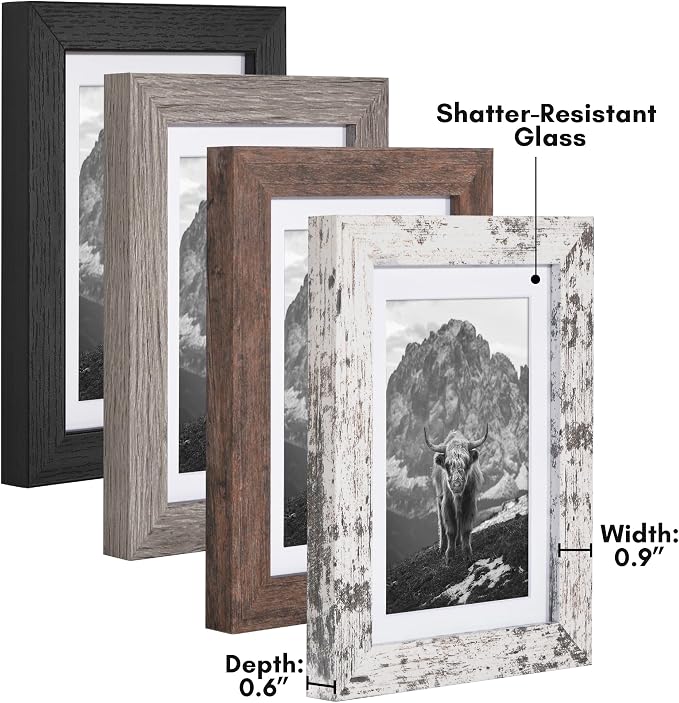 Americanflat Rustic 5x7 Picture Frame Set of 4 - Use as 4x6 Picture Frame with Mat or 5x7 Frame Without Mat - Photo Frame with Textured Engineered Wood, Shatter Resistant Glass, and Easel