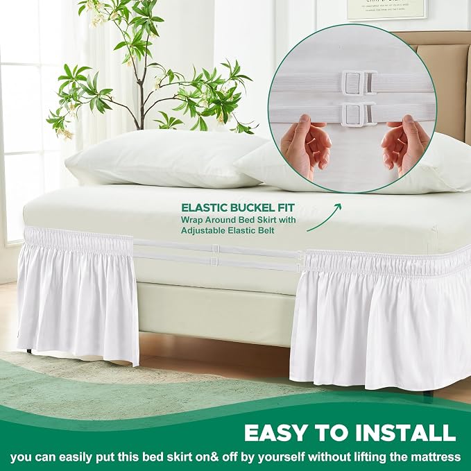 Wrap Around Bed Skirt Full Size Beds 14" Drop-Elastic Dust Ruffle White | Adjustable Pleated Bedskirt-Easy Fit Wrinkle Resistant Washable Bed Skirting-Hotel Studio Apartment Home Guest Bedroom Rental