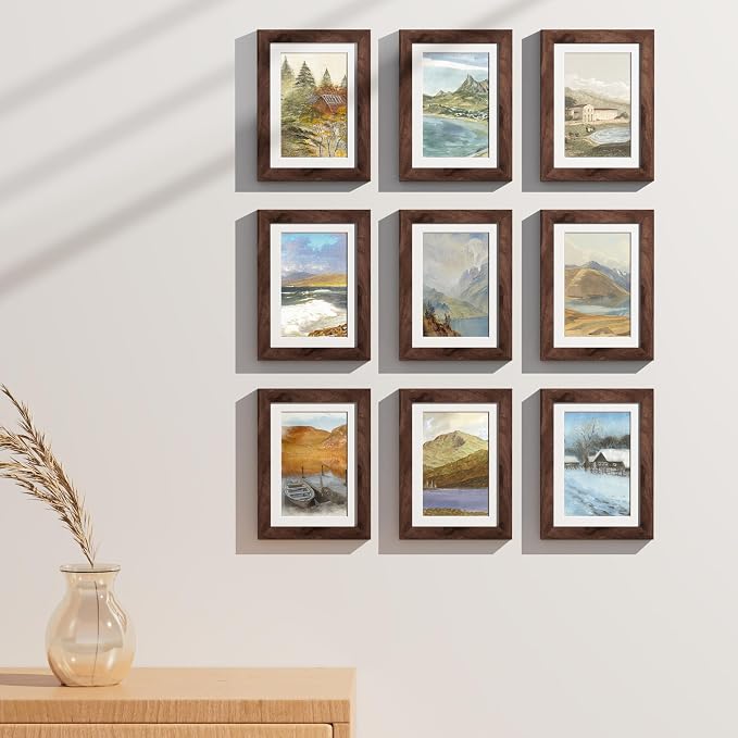 Vittanly 5x7 Picture Frames Set of 9 for Wall or Tabletop Display, Walnut | Display Pictures 4x6 with Mat or 5x7 without Mat, Small Photo Frames, Engineered Wood with Shatter Resistant Plexiglass