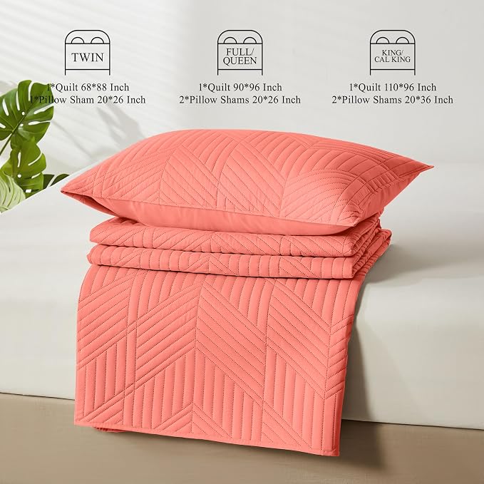 Davulos King/Cal King Quilt Set in Coral,Soft Reversible Microfiber Bedspread for All-Season Use in Bedroom or Dorm,Lightweight Modern Geometric Coverlet (1 Quilt, 2 Pillow Shams)