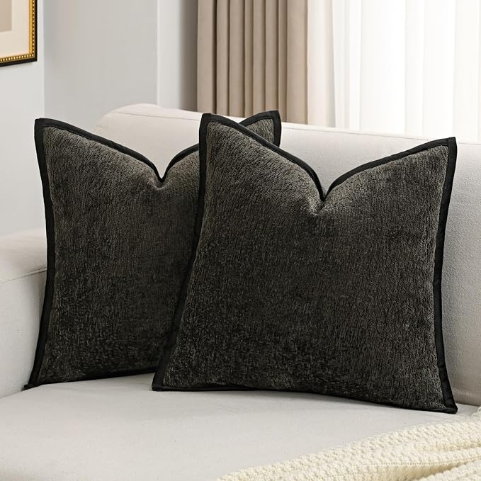 FUTEI Pack of 2 Chenille Soft Throw Pillow Covers 16x16 Inch, Black