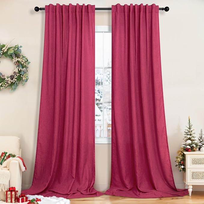 Pitalk Christmas Red Hot Pink Curtains for Bedroom 84 Inch Length 2 Panels Back Tab Pocket Semi Sheer Linen Rainbow Colored Girls Curtain for Kids Room Living Xmas Raspberry Fuchsia Magenta 52x84 Long