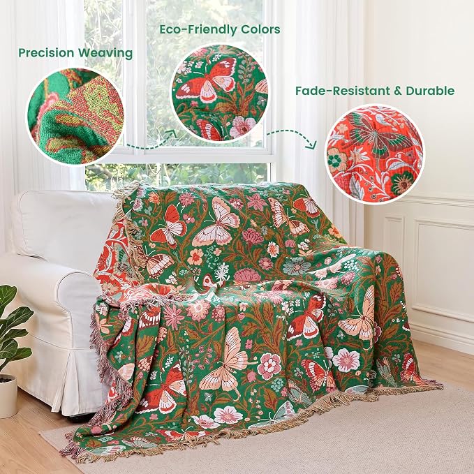 MSGKV Boho Throw Blanket 50"x60" Summer Cotton Butterfly Floral Blanket | 100% Cotton Muslin, Butterfly Throw Blanket, Reversible Jacquard Weave, Soft & Breathable, Machine Washable