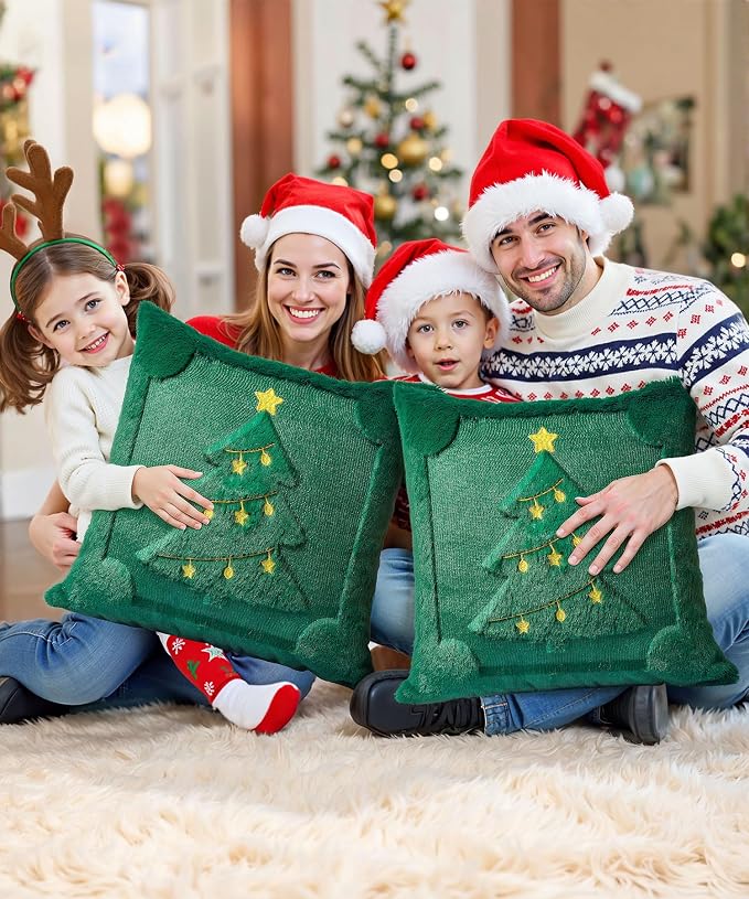 Christmas Pillow Covers Set of 2 Soft Plush Faux Fur Pillow Cases 3D Embroidered Decorative Couch Cover Home Decor Christmas Throw Pillow Covers 18x18,Green Christmas Tree