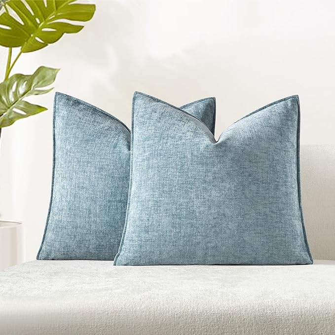 16x16 Chenille Decorative Throw Pillow Covers Case Set of 2,Light Blue | JUSPURBET Cozy Soft Cushion Covers with Invisible Zipper for Couch Sofa Bed Home Decor Living Room