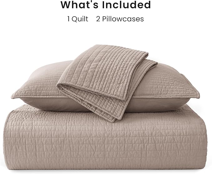 Love's cabin Queen Size Cotton Quilt Set, 100% Cotton Fabric Striped Textured Coverlet with Crinkled Look, Lightweight Quilted Bedspread for All Season, Includes 2 Pillow Shams, Light Tan
