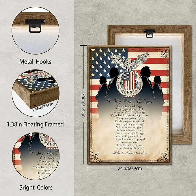 American Flag Framed Canvas Wall Art, 4th of July Patriotic Canvas Prints | USA Flag with Bald Eagle Poster Print, Vintage Independence Day Wall Decor for Bedroom Living Room 24×36in