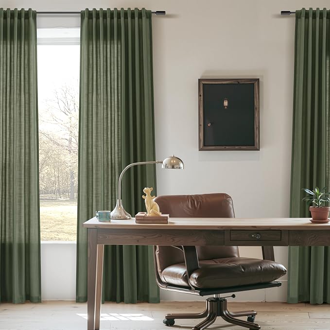 Linen Curtains 84 Inches Long for Living Room Semi Sheer Light Filtering Curtain Back Tab Rod Pocket Neutral Boho Modern Farmhouse Decor Window Drapes for Bedroom 52x84 2 Panels Olive Green