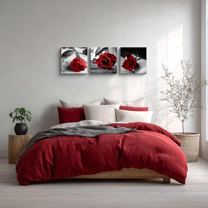 NAN Wind Canvas Print 3 Pcs Black and White Red Rose Canvas Art Painting Abstract Wall Art Decorations Flower Picture on Canvas for Home Decor Stretched and Framed (14X14inchX3pcs, A-Rose)