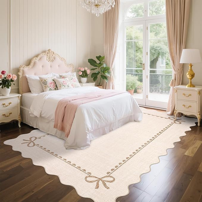 COZYLOOM Machine Washable Area Rugs 4x6 Scalloped Rug for Kids Room Non Slip Non Shedding Bow Bordered Carpet Stain Resistant Low Pile Soft Farmhouse Mats for Living Room, Bedroom, Dining Room, Beige