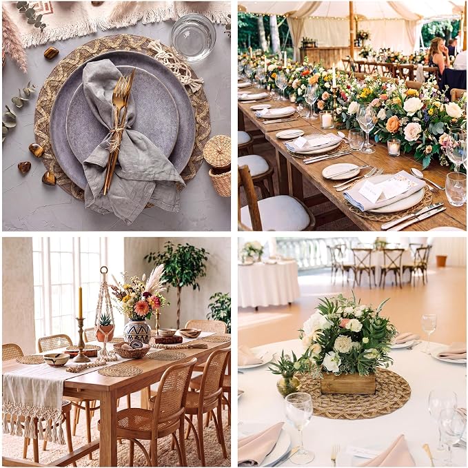 24 Pcs 13 Inch Round Natural Burlap Placemat Boho Jute Woven Charger Bulk Rustic Vintage Brown Heat Resistant Dining Table Mat for Wedding Farmhouse Kitchen Easter Summer Decoration