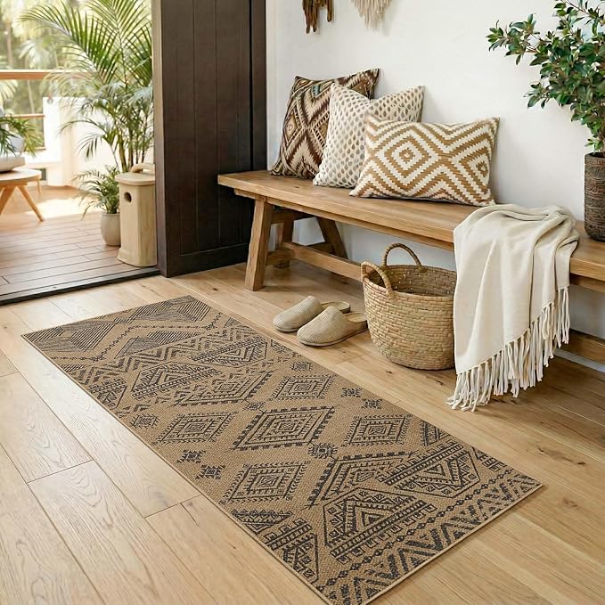 jinchan 2x5 Faux Jute Runner Rug Washable Boho Hallway Rug Natural Charcoal | Southwestern Geometric, Non-Slip Low Pile, Indoor Outdoor, High-Traffic, Kitchen, Bathroom, Laundry, Porch, Balcony, Entryway