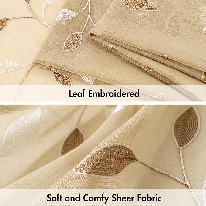 MIULEE Beige Sheer Curtains 2 Panels Embroidered Leaf Patterned, W52 x L45 | Embroidered Floral Semi Sheer,Rod Pocket,Faux Linen,Short Window Curtains Drapes Set for Kitchen/Bathroom/Cafe