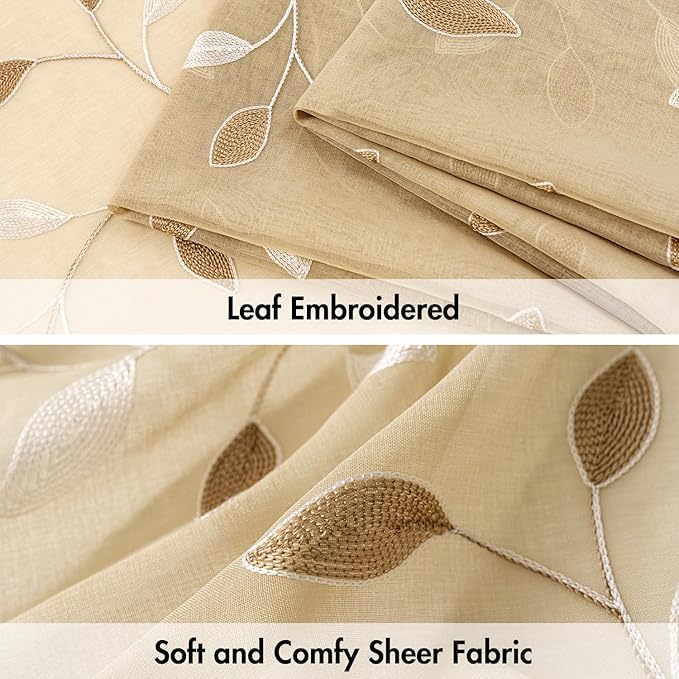 MIULEE Beige Sheer Curtains 2 Panels Embroidered Leaf Patterned, W52 x L96 | Embroidered Floral Semi Sheer,Rod Pocket,Faux Linen,Short Window Curtains Drapes Set for Kitchen/Bathroom/Cafe