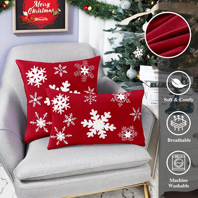 BRAWARM Christmas Pillow Cover 12 X 20 Inches, Christmas Red Snowflake Embroidered Lumbar Pillow Cover, Soft Velvet Decorative Throw Pillow for Couch Bed Sofa Living Room Home