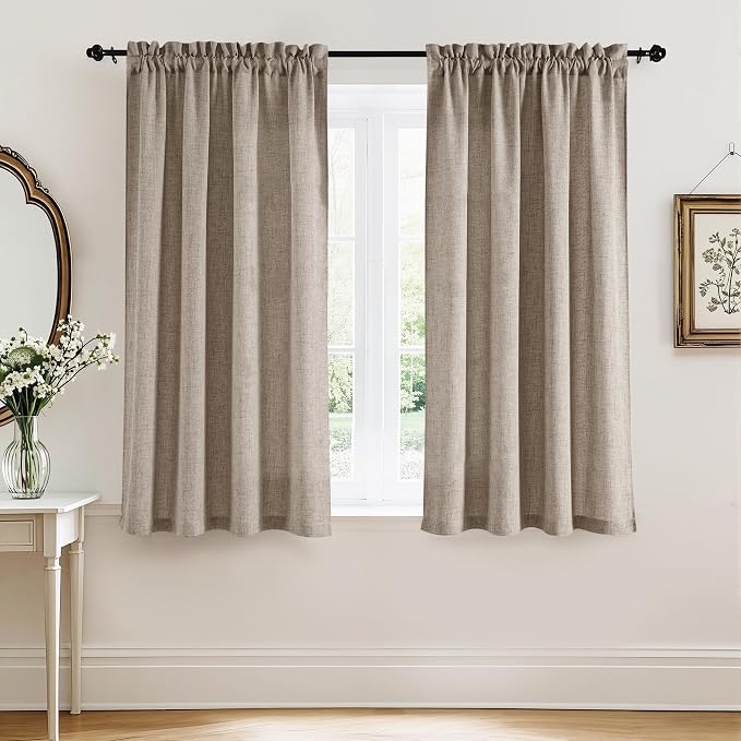 RYB HOME Linen Semi Sheer Curtains 72 inches Long for Living Room | Light Filtering, Half Privacy, Oatmeal, W52 x L72, 2 Panels