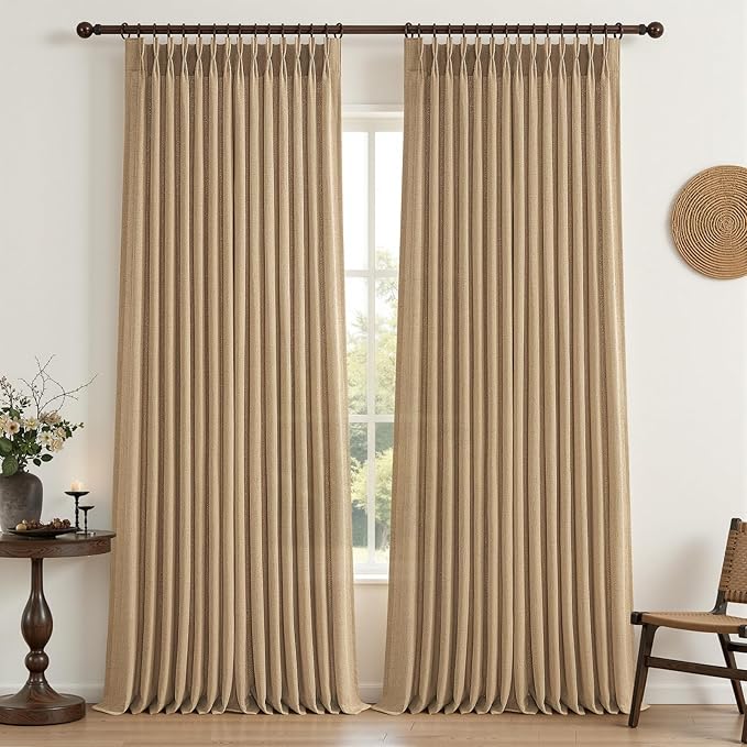 Pinch Pleated Rust Brown Semi Sheer Bedroom Curtains 96 Inches Long 2 Panels Set, Memory Trained Linen Blend Light Filtering Natural Curtain Farmhouse Viral Window Drapes for Dining Room 8FT Length