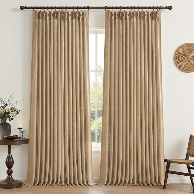 Rust Brown Pinch Pleated Thick Linen Curtains 90 Inches Long for Dining Room, Memory Shape Semi Sheer Light Filtering Drapes Privacy Decorative Curtain Window Burg 40 x 90 Inch Length 2 Panels Set