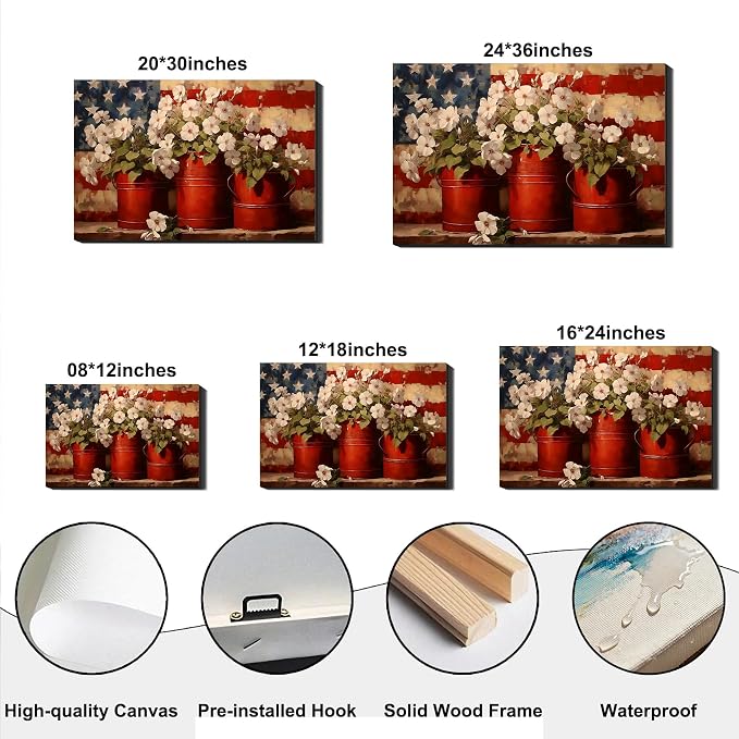 Rustic 4th of July Patriotic Flower Pots Canvas Wall Art – Large Framed US Flag Poster Painting, Independence Day Wall Decor for Living Room Bedroom or Holiday Celebrations