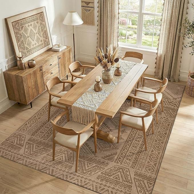 jinchan 8x10 Faux Jute Area Rug Washable Boho Living Room Rug Natural Taupe | Southwestern Geometric, Non-Slip, Low Pile, Indoor Outdoor, Natural Fiber Look, Dining Room, Deck, Backyard, Bedroom, Patio