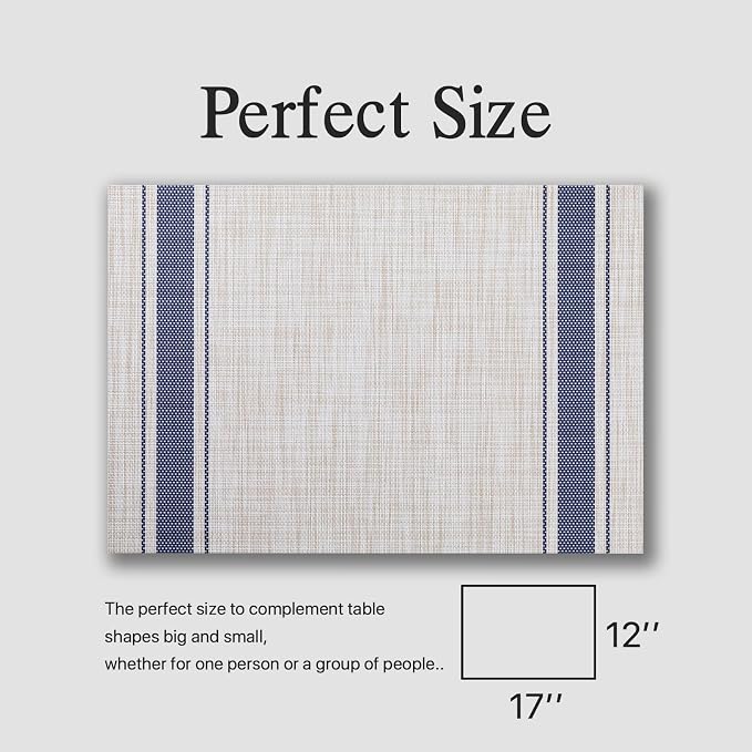 Placemats Set of 6 - Easy Clean Woven Vinyl Placemats for Dining Table, Indoor/Outdoor Place Mats, Washable PVC Table Mats（Blue Skyline）