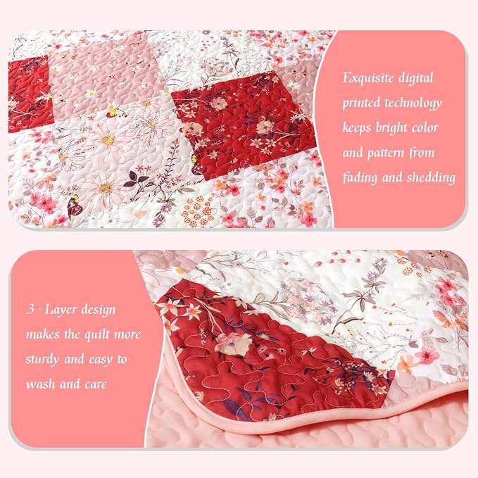 Whale Flotilla Patchwork Quilt King Size, Extra Soft Floral Bedspreads | Red Reversible Lightweight King Quilt Bedding Set for Bed, Printed Coverlets with 2 Pillow Shams for All Seasons