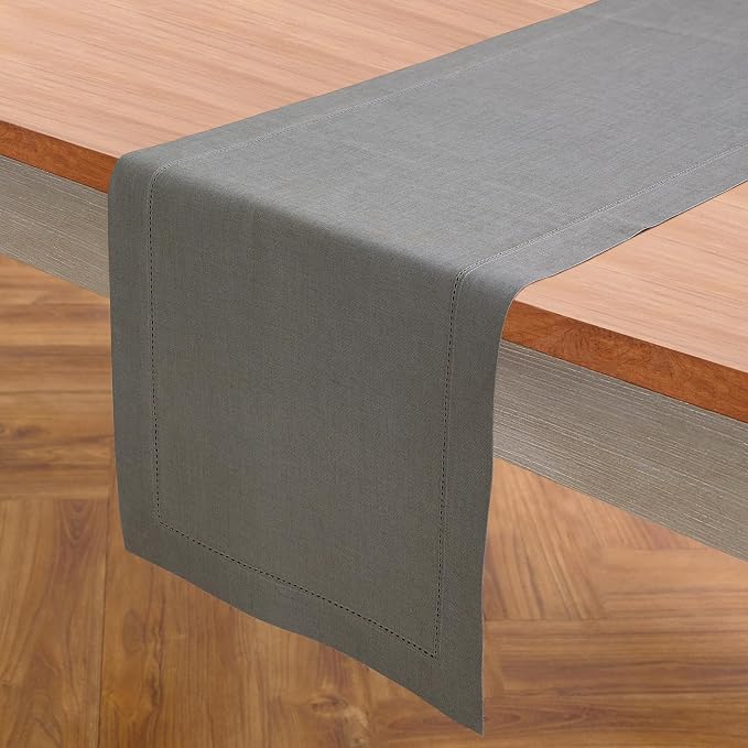 Solino Home 100% Pure Linen Table Runner Gray, Classic Hemstitch 14 x 90 in | Table Runners for 6-8 seater dining tables, hallway tables and consoles | soft plain weave | Steel Gray | OEKO-TEX Certified