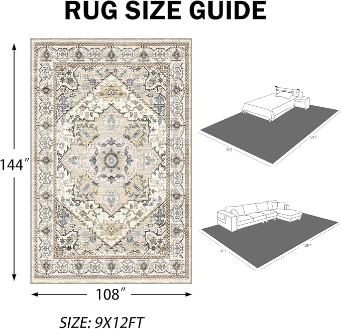 AooHHooA Washable 9x12 Boho Beige Area Rug for Living Room, Soft Stain Resistant Non-Slip 9x12 Boho Vintage Area Rugs, Large Low Pile Lightweight Area Rugs for Living Room Bedroom Dining Room