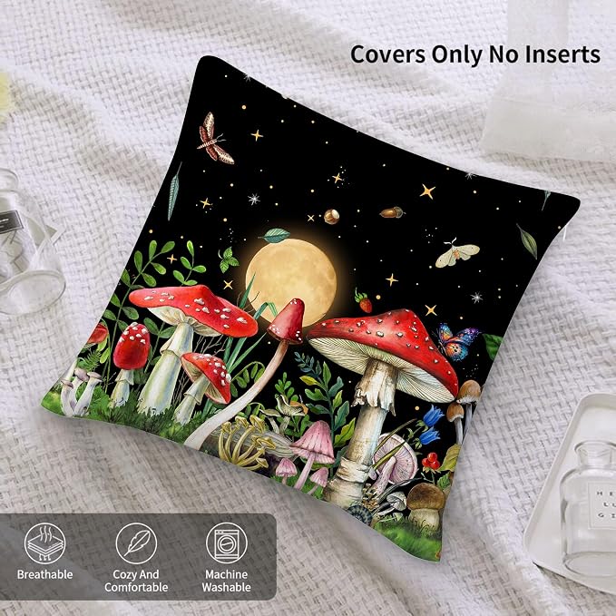 Red Mushroom Pillow Covers Aesthetic 18"x18" Witchy Cushion Covers Set of 2 Black Ourdoor Decorative Throw Pillow Cases for Couch Bed Sofa Chair,Witchy Living Room Decor
