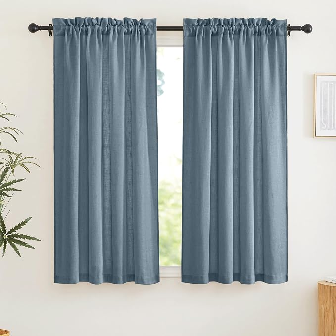 RYB HOME Linen Textured Semi Sheer Curtains 63 inches Long for Living Room | Half Privacy, Light Filtering, Faux Linen Blend, Office Nursery Dorm Bathroom, Stone Blue, W52 x L63, 1 Pair
