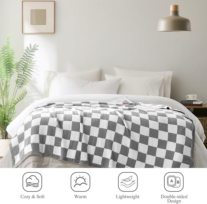 Checkered Throw Blanket for Couch, Soft Cozy Warm Knitted Blankets | Lightweight Fuzzy Travel Warm Decor for Women, Mom, Girls, Sofa, Chair, 50x70in, Light Grey