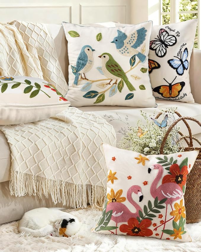 Embroidered Throw Pillow Cover 18x18 Inch - Summer Farmhouse Decorative Pillow Covers with Zipper for Couch Sofa Bedroom Living Room Spring Boho Cushion Pillowcase, Birds Leaves