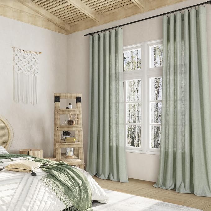 Sage Green Linen Curtains 96 Inch Length for Living Room Bedroom 2 Panels Set Rod Pocket Light Filtering Semi Sheer Window Curtains 52 Inch Width Boho Farmhouse Linen Drapes, W52xL96