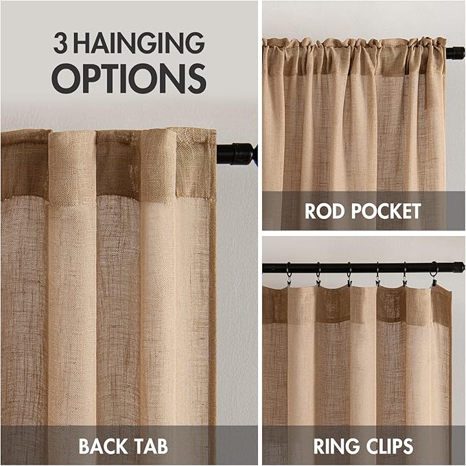 MIULEE Light Brown Linen Curtains 52x63 Inch Long 2 Panels for Living Room | Bedroom, Soft Thick Linen Textured Kitchen Window Drapes, Semi Sheer Light Filtering, Back Tab Rod Pocket, Burlap Look Decor