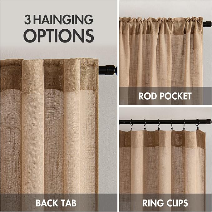 MIULEE Light Brown Linen Curtains 42x63 Inch 2 Panels for Bedroom | Length, Soft Thick Linen Textured Natural Window Drapes, Semi Sheer Light Filtering, Back Tab Rod Pocket, Burlap Look Decor