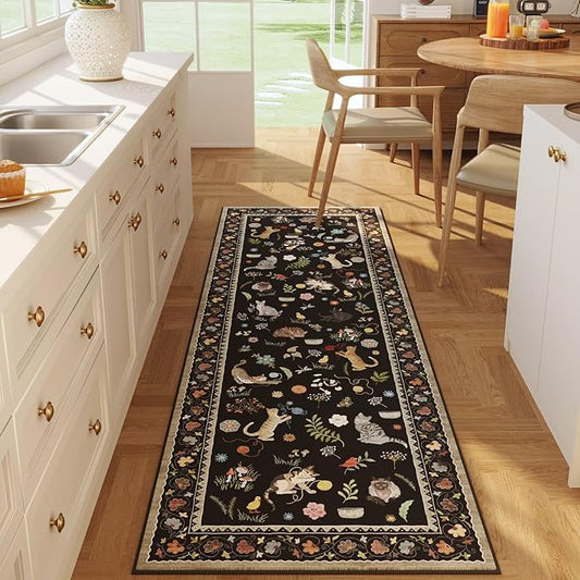 Rugcomf Runner Rug for Kitchen Non Slip 2'x6' Washable Rugs with Rubber Backing Soft Floral Animal Cat Carpet Runner for Kitchen Laundry Bedroom Bathroom, Black