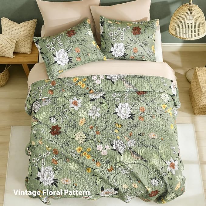 Litanika Floral Green Quilt King - 3Pcs Botanical Birds Bedding Set | Sage Bedspread Summer Lightweight Soft Coverlet for All Seasons(106"x96")