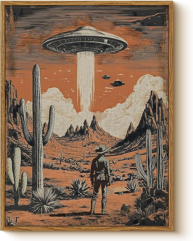 Retro UFO Cowboy Wall Art 12x16 Inch Framed Canvas Print, Vintage Science Fiction Desert Landscape Alien Spaceship Western Scene Cool Artwork, Man Cave Office Game Room Bathroom Decor