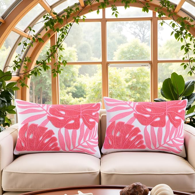Embroidered Throw Pillow Covers 12x20 Pack of 2 Pink Botanical Leaf