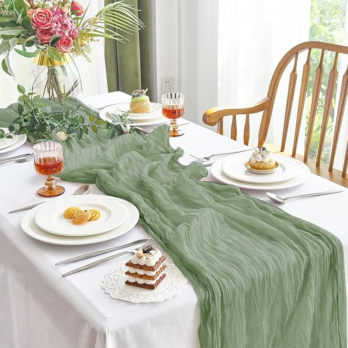 IVAPUPU Sage Green Table Runner 120 Inches for Birthday Party Home Decor | 4 Pcs Boho Gauze 10FT Cheesecloth Table Runners for Wedding Baby Shower Decorations Summer Garden Farmhouse