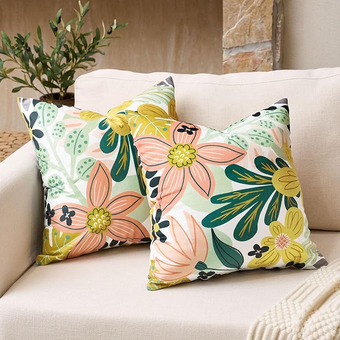 Tyrot Boho Floral Velvet Throw Pillow Covers 18x18 Inch Set of 2 Farmhouse Cushion Covers Mid Century Modern Botanical Home Decor Accent Pillow Cases for Couch Bed Sofa Living Room, Bedroom, Green