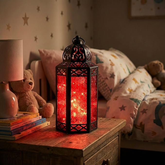 Vela Lanterns Decorative Indoor Red Gothic Fairy Light Candle Holder, L | Witchy Whimsigoth Fantasy Home Decor, Halloween Vampire Spooky, Moroccan Metal Hanging Flameless LED Lamp, 12" Tall