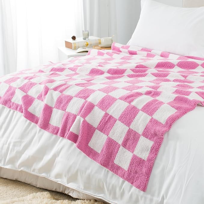 Carriediosa Checkered Throw Blanket 50x60, 400GSM Ultra Soft Microfiber | Hot Pink, Fuzzy Fluffy Cozy Plush Knit Knitted Plaid Checker, Lightweight Cute Preppy Fall Blankets & Throws for Couch, Bed