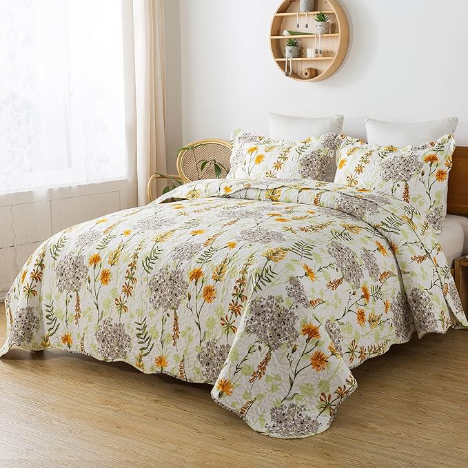 Travan 3-Piece Quilt Set Quilted Bedspread Lightweight Reversible Coverlet Set Floral Printed Oversized Quilted Bedding Set with Shams for All Season, Yellow Flower, Queen Size