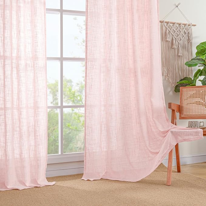 Pink Linen Curtains 54 Inch Length for Bedroom, 52 x 54 Inch | Light Filtering Panels, Semi Sheer, Rod Pocket Back Tab, Country Decor Drapes for Bathroom, Window, Living Room, 2 Panels